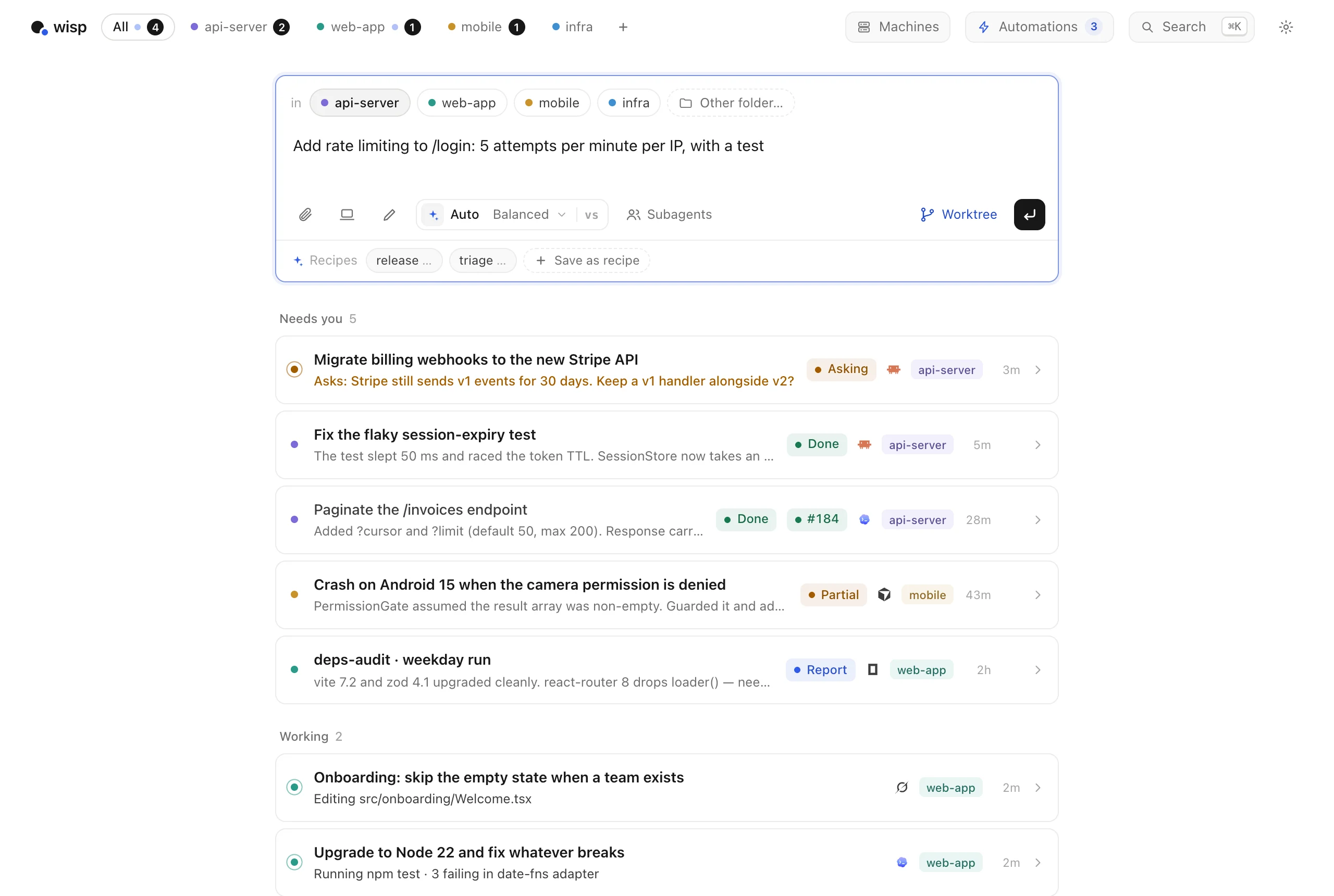 The wisp queue: finished tasks with their reports, and one task waiting for an answer