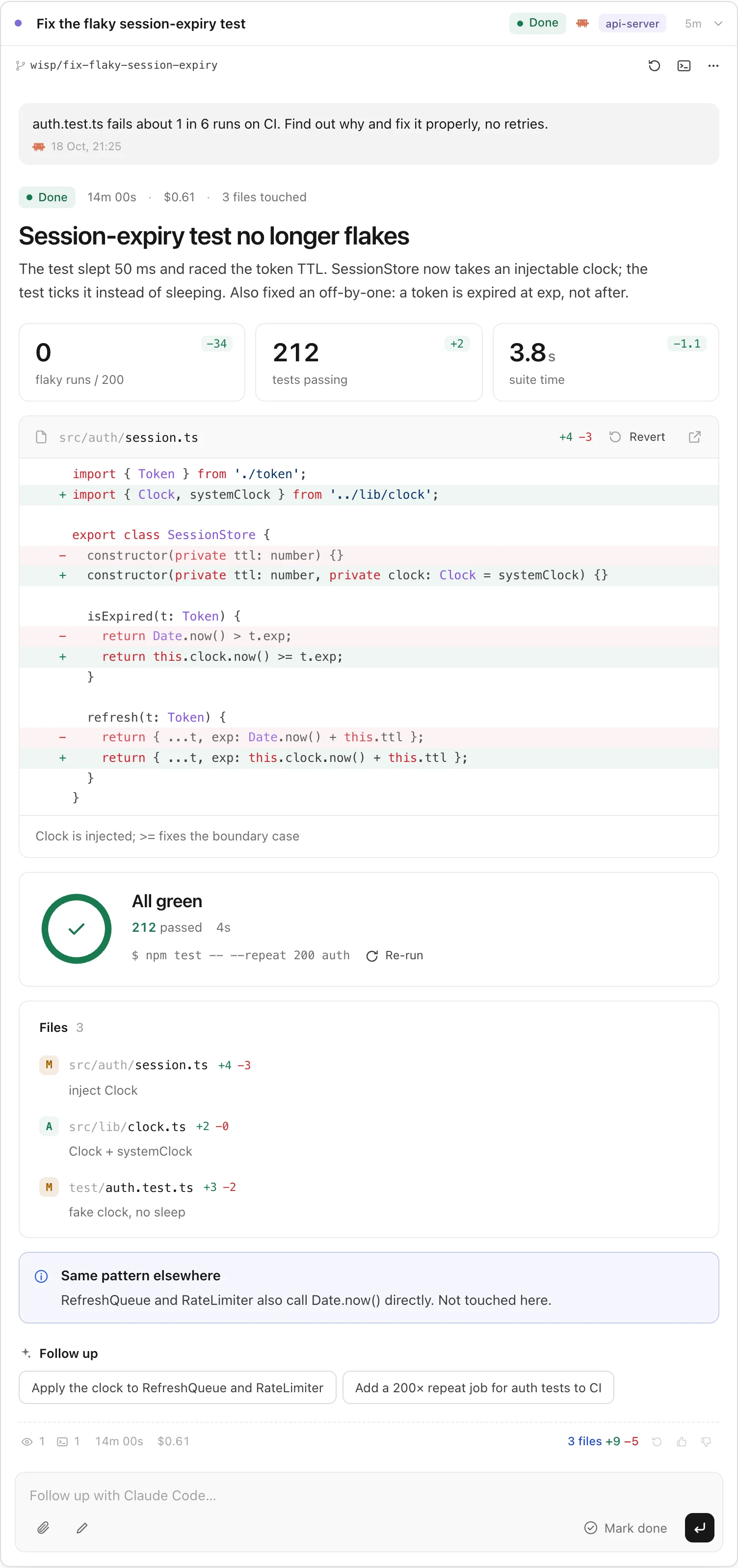 A finished task expanded: headline 'Session-expiry test no longer flakes', three stats, a diff of src/auth/session.ts, a green test run, a file list, a callout and next steps.