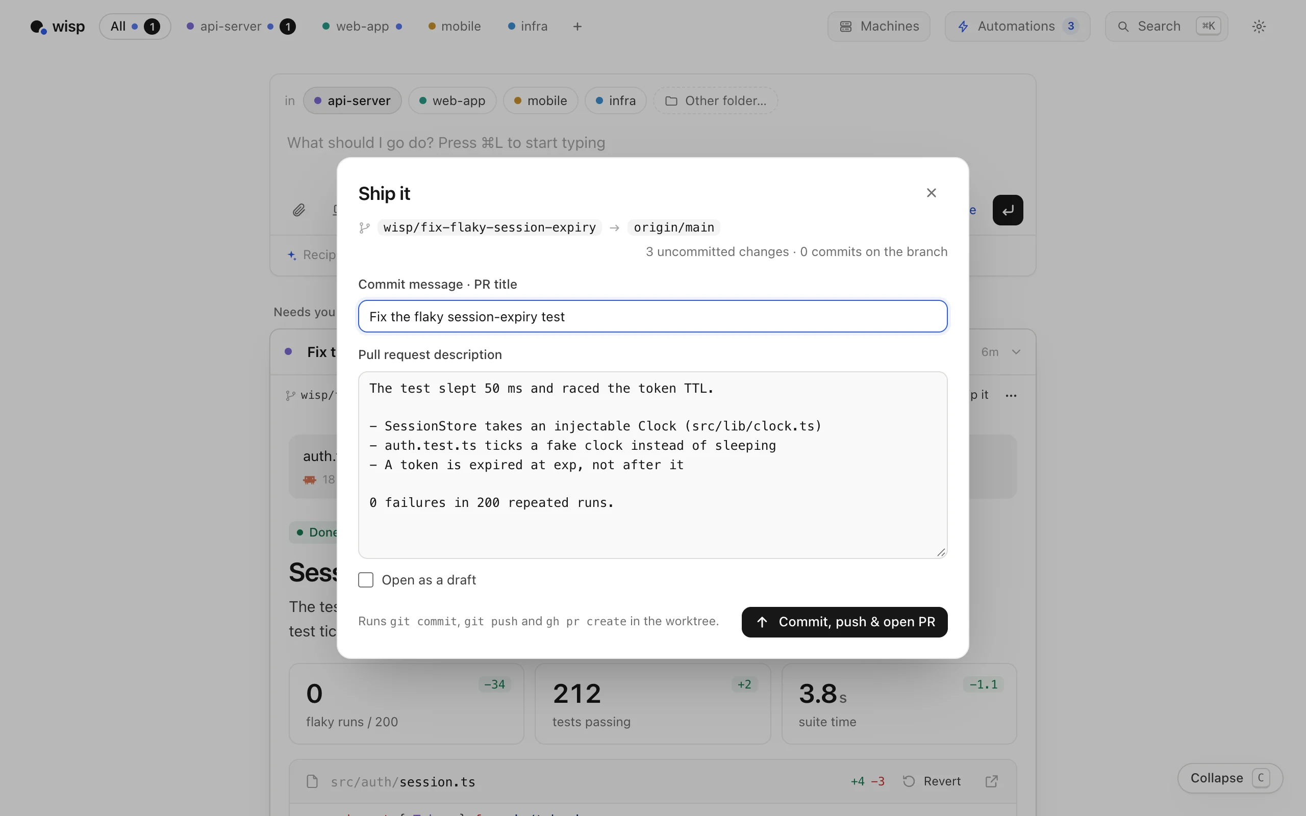 The Ship it dialog with a drafted commit message and pull request description.